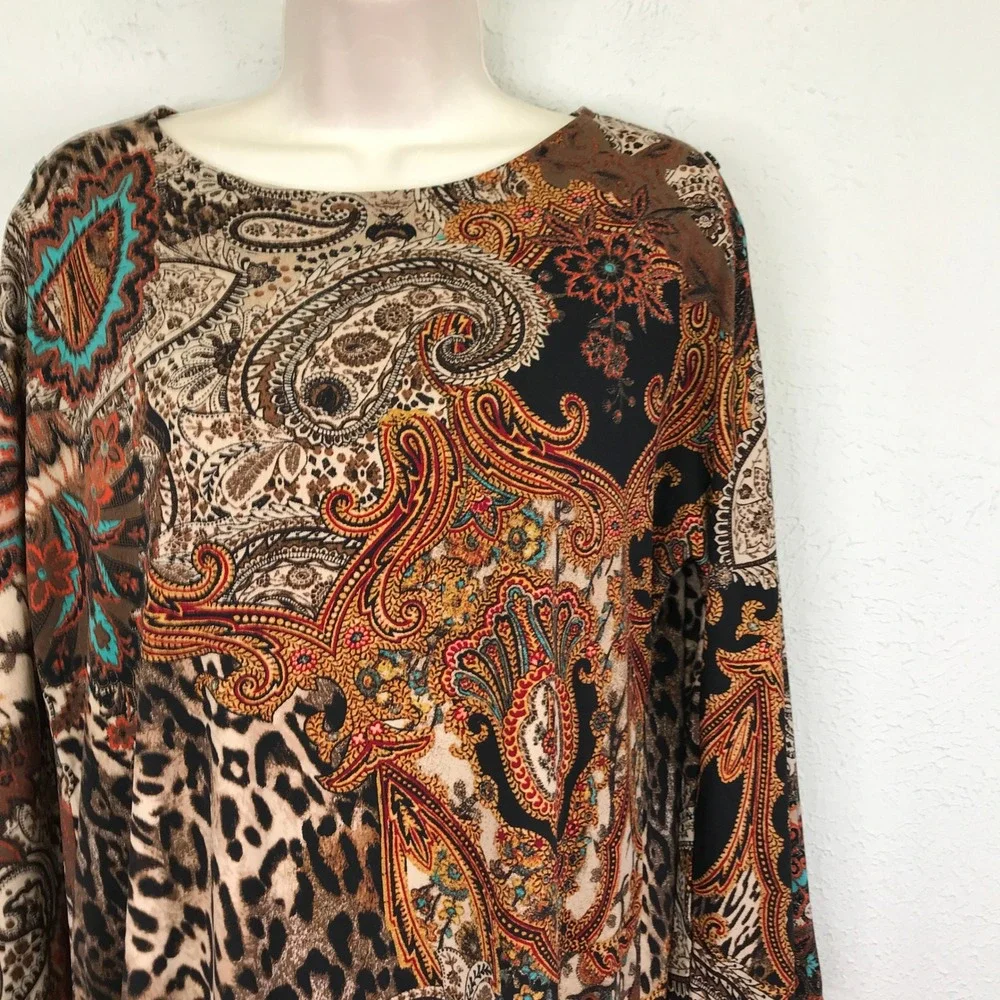 Chicos 0 Shift Dress Women S Multicolor Paisley Leopard Split Button Sleeve Boho